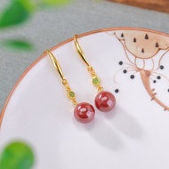 ต่างหูผู้หญิงลูกปัดสีแดงชาดเงินสไตล์ S925ต่างหูมีใบรับรอง