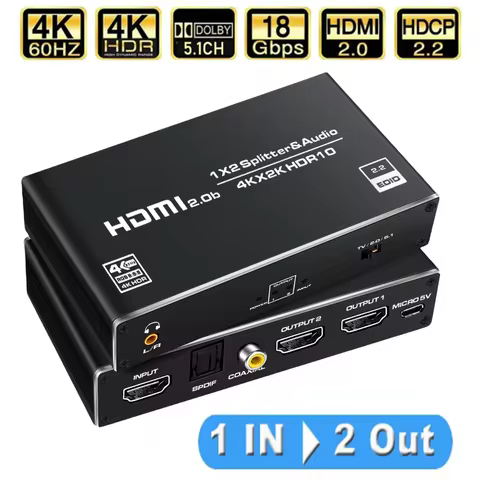 4K 60Hz HDMI Splitter with Audio Extractor HDR HDMI 2.0 1X2 splitter with Toslink/coaxial audio for