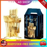 [AD SHOP] 24pcs set Stainless Steel Spoon Fork Sudu Garfu Dinner Black Gold Cutlery Set Gold Dinnerware Tableware