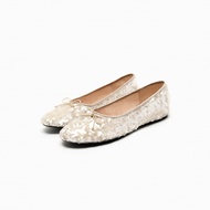 ZARA Sequin Bow Flat Sole Single Shoe for Women New Shallow Round Toe Mary Jane Ballet Shoes