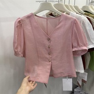 blouse cute korean style puff sleeve puff sleeve blouse French Puff Sleeve V-Neck Short Sleeve Top -