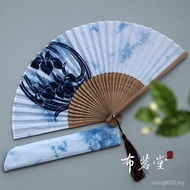 Blue Tie-Dye Fabric Fabric Art Tea Design Dye Handmade Hall Folding Fan Japanese Style Folding Fan C
