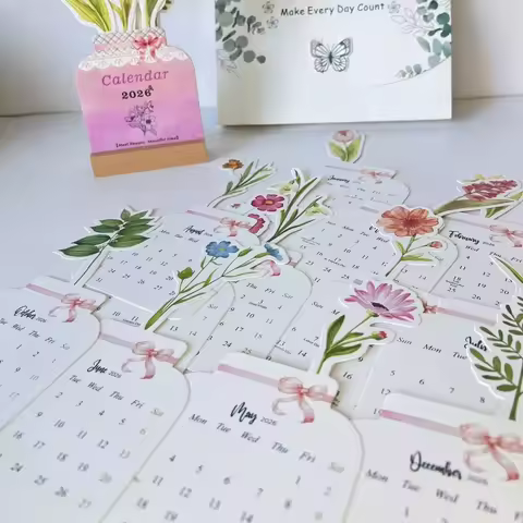 2026 Bloomy Flower Desk Calendar New Year English Calander Book Wooden Base Detachable Floral Theme 