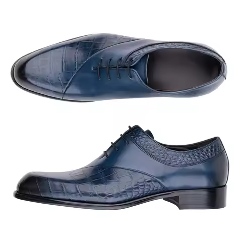 New Style Oxfords Men Shoes Top Layer Cowhide Leather Handmade Luxury Retro Blue Designer Business O