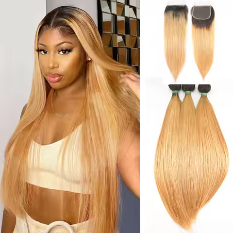 1B/27 Honey Blonde Human Hair Bundles With Closure Brazilian Straight Bundles With Closure 3/4 Human