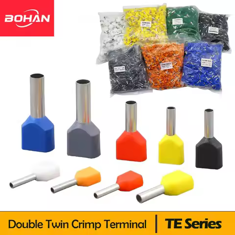 1000Pcs TE0508 TE1508 TE7508 Double Pipe Twin Cord Electrical Wire Insulated Ferrules Crimp Terminal