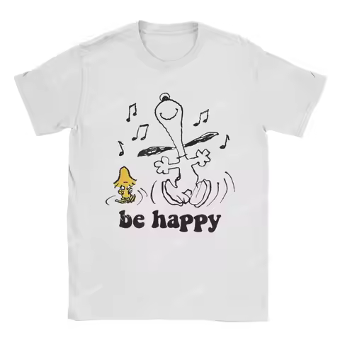 Snoopy and Woodstock's Be Happy Dance T Shirt for Men 100% Cotton T-Shirt Round Collar Cartoon Tee S
