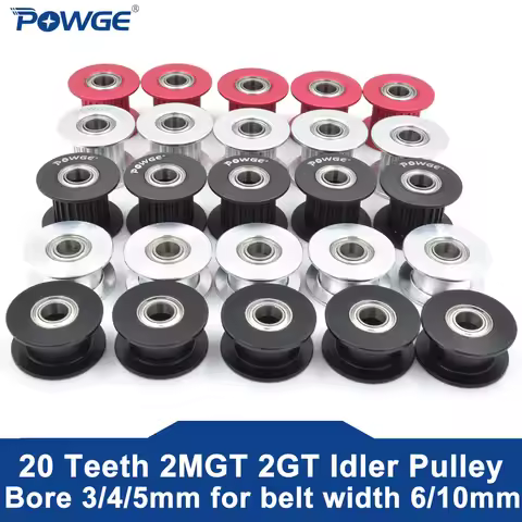 POWGE 2M 2GT 20 Teeth Timing Idler Pulley Bore 3/4/5mm Red Black with Bearing for GT2 2GT Open belt 