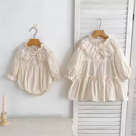 Autumn Baby Bodysuit Sisters Dress Flower Embroidery Dress For Infant Girls Toddler Outfit Sisters L