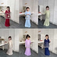 2026 Ready Stock Kanak-Kanak Perempuan Baju Kebaya Floral Lengan Panjang+Skirt Plain(Olive Gold/Baby