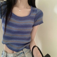 Short Womens T-shirt 2024 Summer New Stripe Versatile Square Neck Loose Casual Top