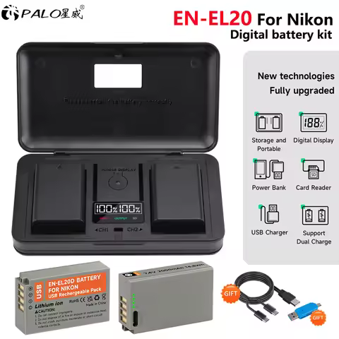 EN-EL20 USB Type C EN-EL20a EN EL20 Battery + LCD Charger Case for Nikon S2 V3 P1000, 1 j1, 1 J2, 1 
