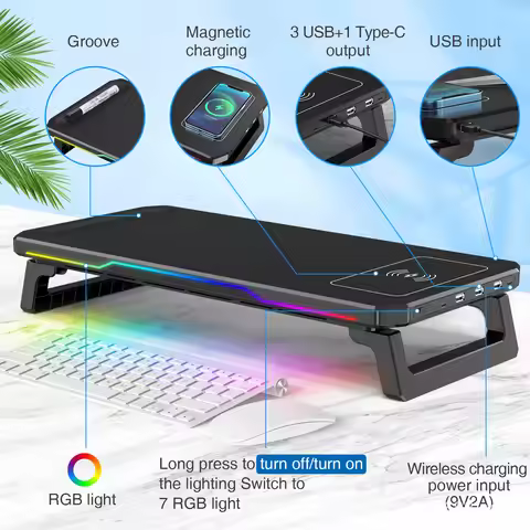 RGB Light Effect Rechargeable Desktop Monitor Height Stand 3 USB 2.0 Port Universal Laptop Storage R
