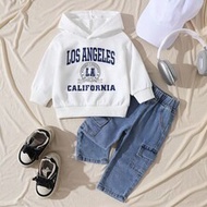2pcs/Set Infant/Baby Boys Casual Outfit, Including 1pc White Hoodie Knit Letter Print Long Sleeve Sw