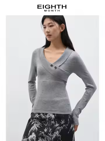 Women Grey Gothic Emo V-Neck T-shirt Y2k Gyaru Tee Top 2000s Aesthetic Vintage Long Sleeve Knit T-sh