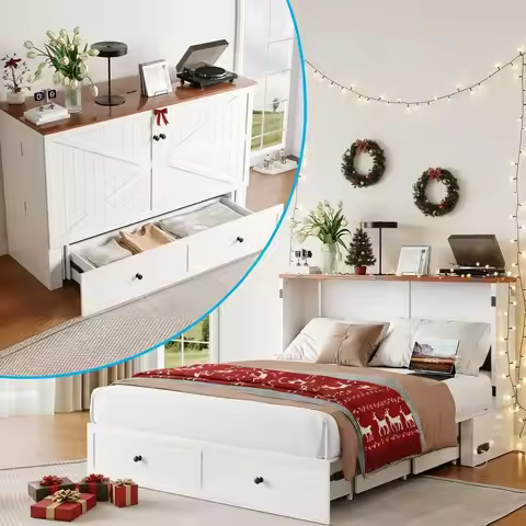 57" W Full Murphy Cabinet Bed with Tri-Folding Mattress, Full Size Murphy Bed with Storage Drawers &