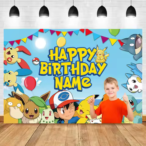 Custom Name Party Pokemon Backdrop Decoration Pikachu Theme Birthday Background for Kids Boy Baby Sh