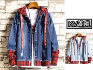 ★KV潮風★【K260】情侶潮流個性落肩格紋小破壞假兩件牛仔外套 2色 現+預