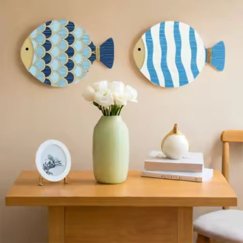 4pcs Wooden Ocean Fish Wall Hanging Ornament Wall Art Funny Nautical Beach Fish Pendant Hand Carved 