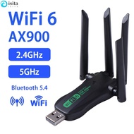 ISITA Dual Band WiFi6 USB Adapter, AX900 Bluetooth 5.4 900Mbps WiFi Dongle, Plug Play 4 Antenna Rece