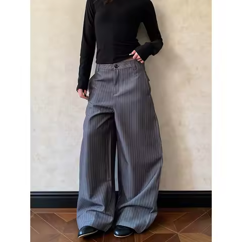 YIBASHU Women Gray Gothic Emo Striped Suit Pants Harajuku Baggy Pants 2000s Y2k Vintage Japanese 200