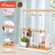 ชั้นวางเครื่องประดับ สร้อยคอ สร้อยข้อมือ 3 ชั้น พร้อมถาดไม้ 9 ตะขอ สําหรับสร้อยคอ สร้อยข้อมือ แหวน น