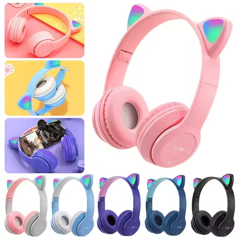 P47M Wireless Bluetooth Headset Gamer Cat LED Light Foldable Noise Cancelling Earbuds Wireless Headp