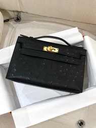 Hermes Kelly Pochette Black Ostrich GHW K