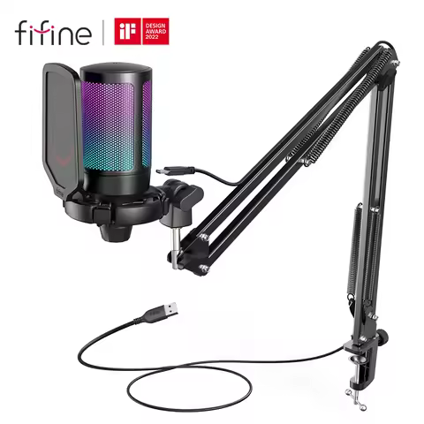 FIFINE USB Gaming Microphone Kit for PC,PS4/5 Condenser Cardioid Mic Set with Mute Button/RGB /Arm S