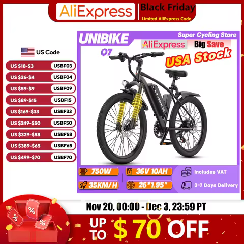 UNIBIKE Q7 Adult Mountain Ebike 750W Peak Motor 36V 10Ah Lithium Battery Electric Bicycle 26*1.95 In