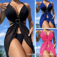 Bikini Three-Piece Swimsuit Women Solid Color Hollow Halterneck Gauze Swimsuit 8HSL