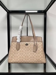 🎀Brand New Free Shipping💙Coach 89576 LORA CARRYALL女士腋下tote手提包 經典標誌c紋搭配奶茶色｜Color 淺卡其色｜size 36x26x16💙配