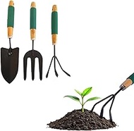 Set of 3 Garden Tools with Leaf Collecting Rake, a Fork for Transplanting Flowers and Swords for Dig