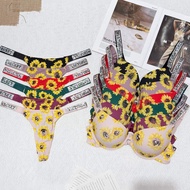 2026 Sunflower Pattern Rhinestone Underwear T-Pants Set, Push-Up Bra+Thong Panties, 3/4 Cups Thin To