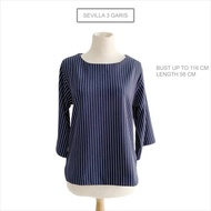 Sevilla Women's Blouse Top 3 Stripes Navy Long Sleeve Linen Bangkok Thailand