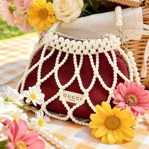 Gucci Gucci’s bag Red Mini Pearl Chain Shoulder Bag Handmade Pearl Flip Luxury Handbag Dating Travel