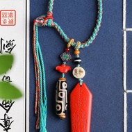 天然原礦硃砂精品紅砂五路財神招財令 九眼天珠 鑰匙扣 包掛