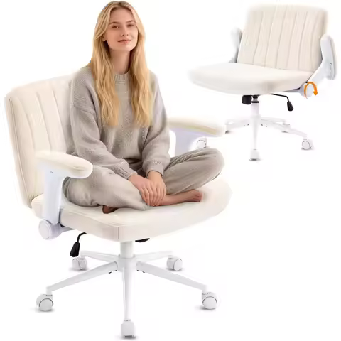 Criss Cross Chair with Adjustable Flip-Up Arms,Cross Legged Chair with Wheels, Extra Wide Office Cha