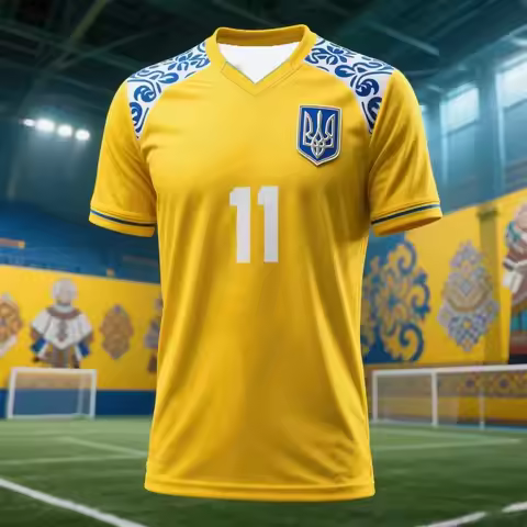 Football jerseys featuring the Ukrainian trident logo, in a blue and yellow flag-style family-friend