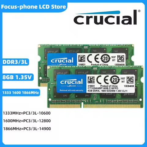 Crucial RAM DDR3 DDR3L 8GB 1333MHz 1600MHz 1866MHz SODIMM Ram PC-10600 12800 14900 1.5V 1.35V 204Pin