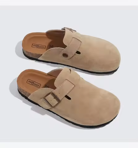Classic Closed Toe Mule Slippers Men with Cork Shoes Boston Clogs Cork Slides Mens Suede Leather Sli