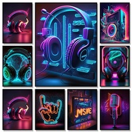 Pop 80S Live Music Neon Punk Poster Aesthetics Dj Guitar Karaoke Headphones Canvas Painting Wall Art