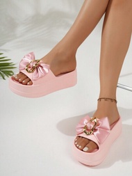 女士塑料拖鞋帶蝴蝶結裝飾,露趾,粉色,防滑厚底