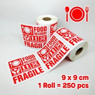 Fragile Food Delivery Label Stickers Online Food Shipping Stickers 9x9 cm (1 roll/250 pcs)