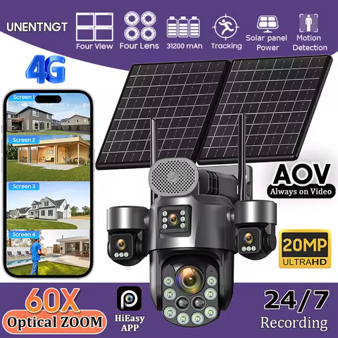 4G SIM Solar Security Camera Outdoor 4 Lens/Screen 60X Optical Zoom Human Track 360° PTZ CCTV Wirele