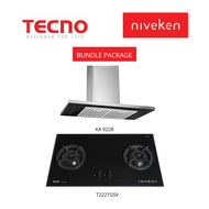 (HOOD + HOB) TECNO KA 9228 / KA9228 Chimney Cooker Hood with Decorative LED Lights + TECNO T 222TGSV / T222TGSV (90cm) 2-Burner Tempered Glass Cooker Hob