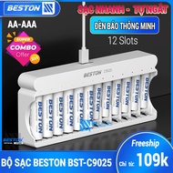 Bộ Sạc 12 pin AA AAA Beston C9025 sạc nhanh tự ngắt khi đầy đèn LED báo thông minh dùng cho micro re
