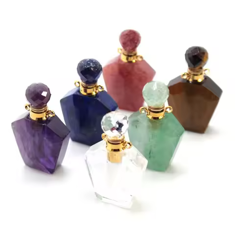 Crystal Stone Perfume Bottle Pendant Diffuser Necklace For Women Men Natural Amethyst Rose Quartz Ag