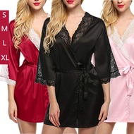 [READY STOCK] Ice Silk Satin Lace Robe Set Sexy Sleepwear Sexy Lingerie Plus Size Baju Tidur Size Besar S-XL PS011