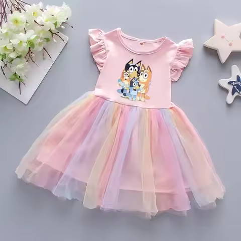 Bluey Girls Summer Dress Kids Short Sleeve Tutu Dress Children Rainbow Princess Dress Tulle Skirt Ca